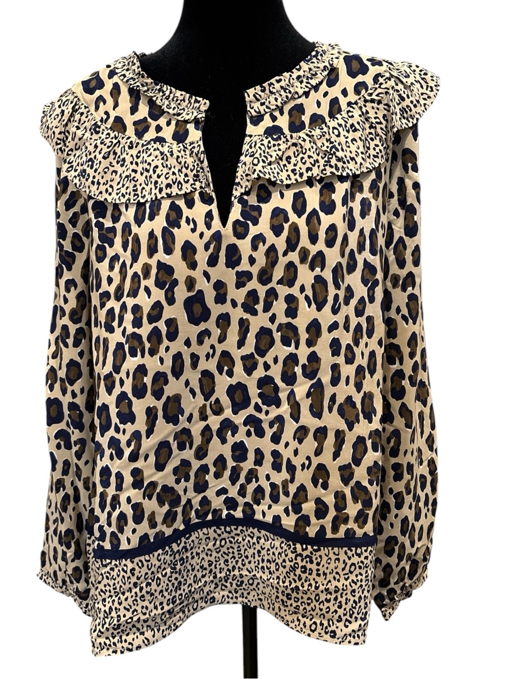 Vineyard Vines Leopard Print Ruffle Collar Blouse - Tan/Blue